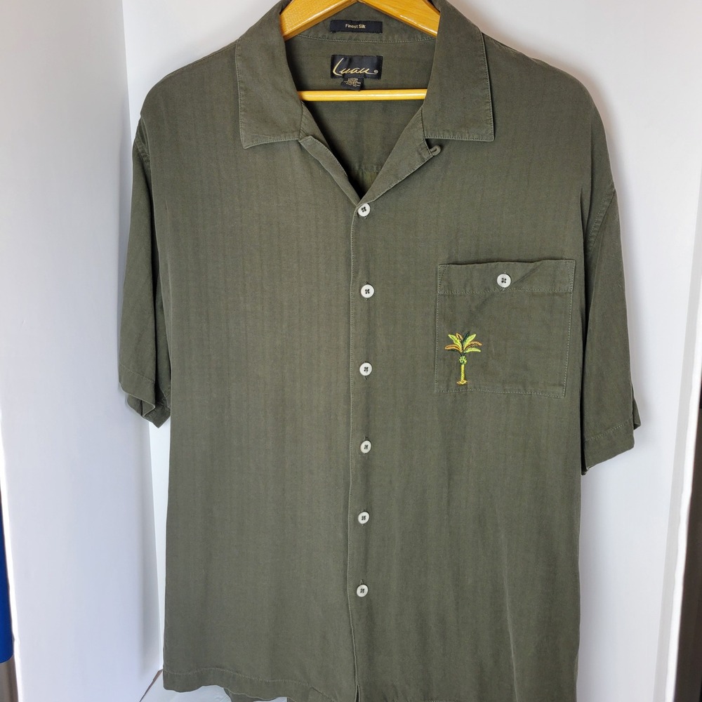 Luau Sportswear Silk Camp Shirt Mens XL Olive Green Palm Tree Embroidered XL